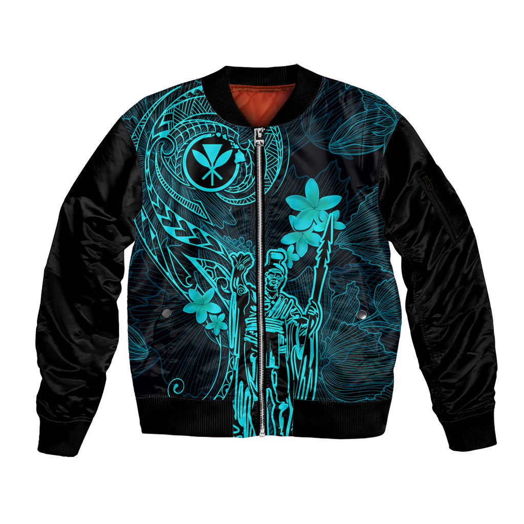 Hawaii Sleeve Zip Bomber Jacket King Kamehameha Mix Polynesian Plumeria Turquoise Version LT14 Unisex Turquoise - Polynesian Pride