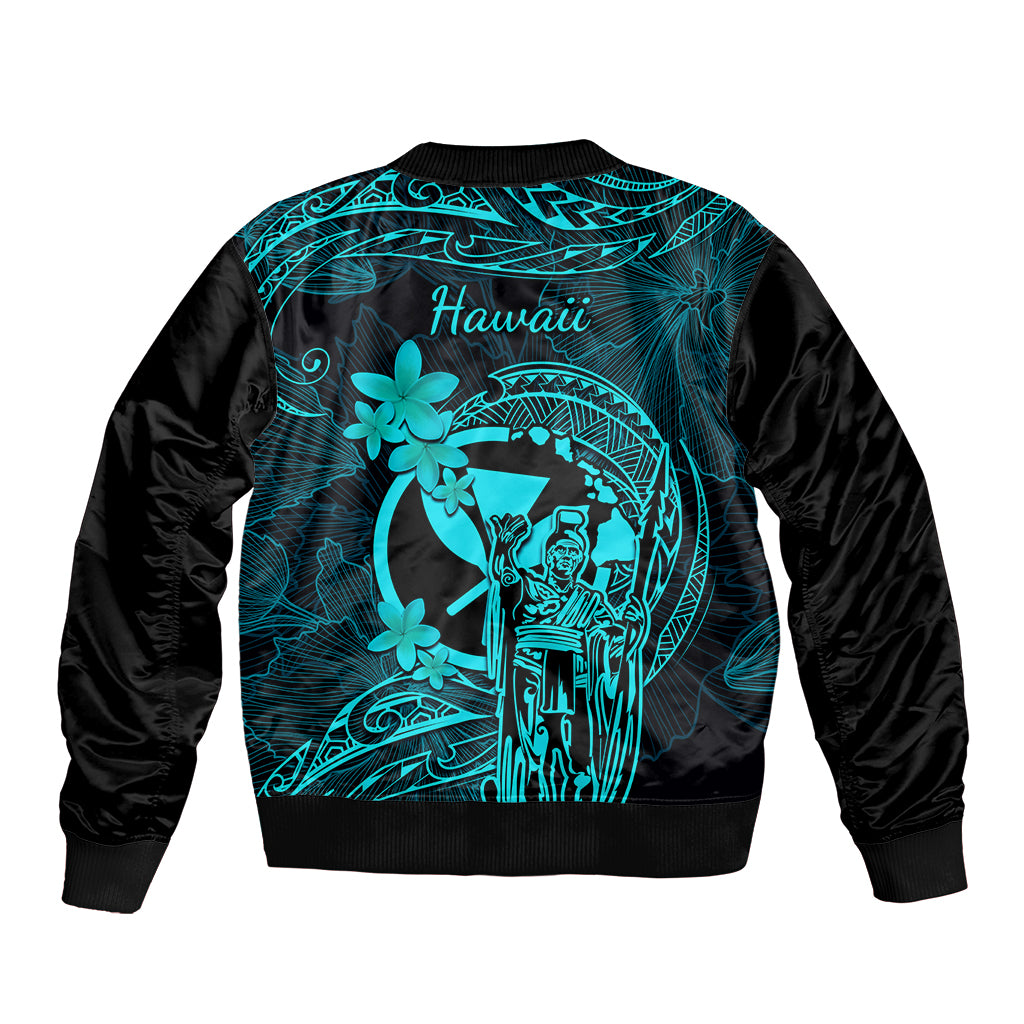 Hawaii Sleeve Zip Bomber Jacket King Kamehameha Mix Polynesian Plumeria Turquoise Version LT14 - Polynesian Pride