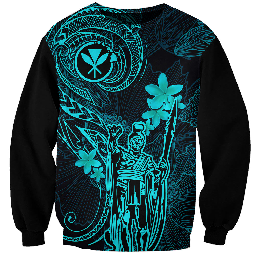 Hawaii Sweatshirt King Kamehameha Mix Polynesian Plumeria Turquoise Version LT14 Unisex Turquoise - Polynesian Pride