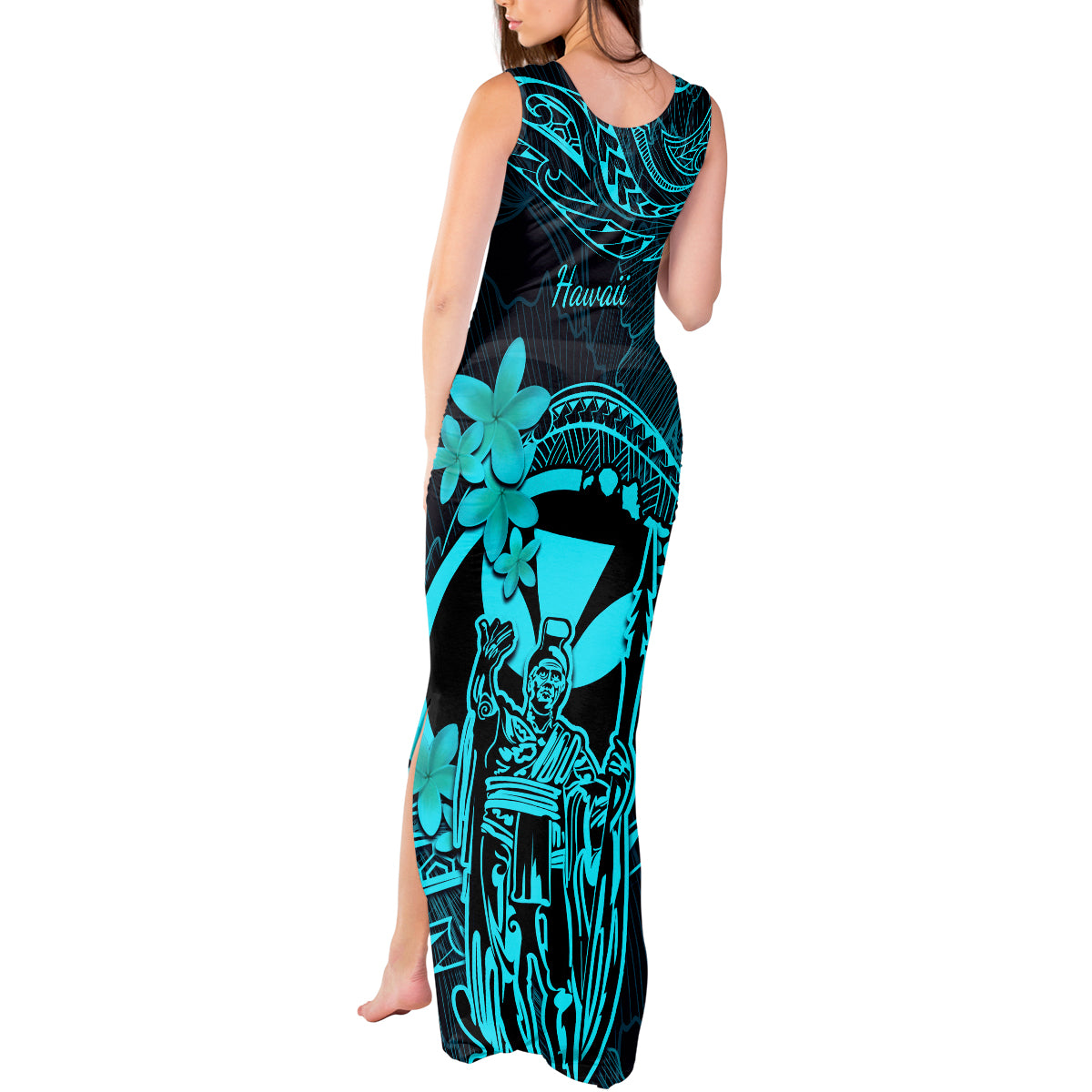 Hawaii Tank Maxi Dress King Kamehameha Mix Polynesian Plumeria Turquoise Version LT14 - Polynesian Pride