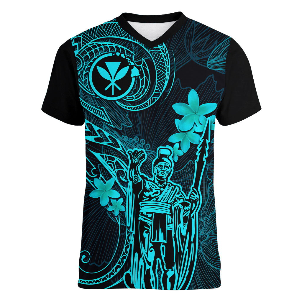 Hawaii Women V Neck T Shirt King Kamehameha Mix Polynesian Plumeria Turquoise Version LT14 Female Turquoise - Polynesian Pride