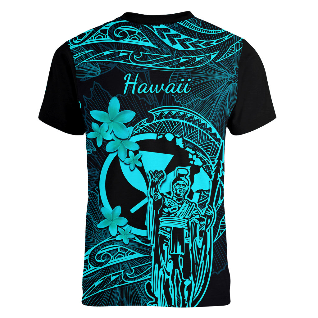 Hawaii Women V Neck T Shirt King Kamehameha Mix Polynesian Plumeria Turquoise Version LT14 - Polynesian Pride