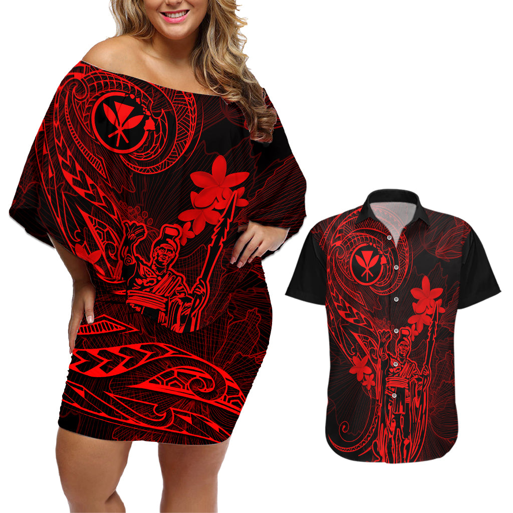 Hawaii Couples Matching Off Shoulder Short Dress and Hawaiian Shirt King Kamehameha Mix Polynesian Plumeria Red Version LT14 Red - Polynesian Pride