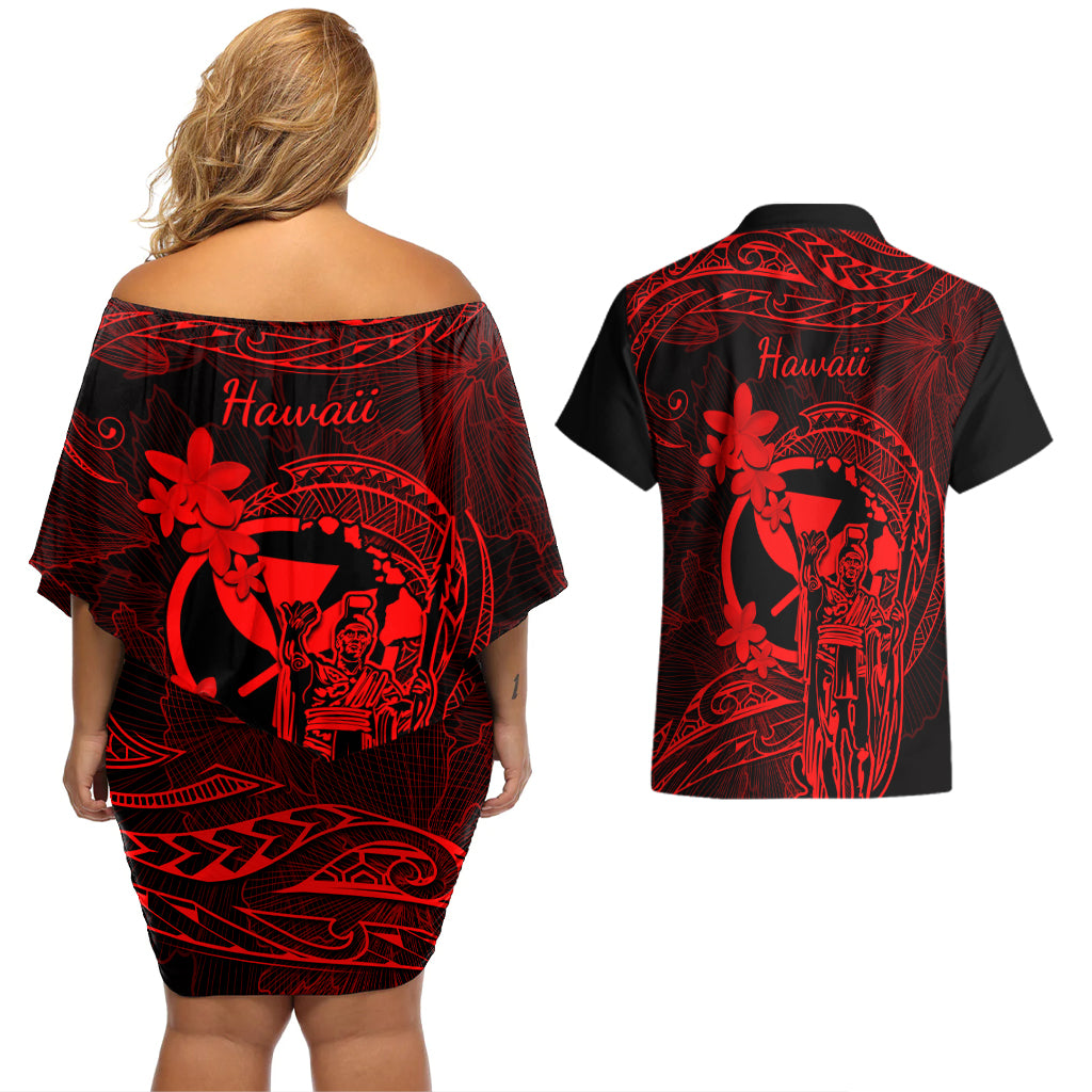 Hawaii Couples Matching Off Shoulder Short Dress and Hawaiian Shirt King Kamehameha Mix Polynesian Plumeria Red Version LT14 - Polynesian Pride