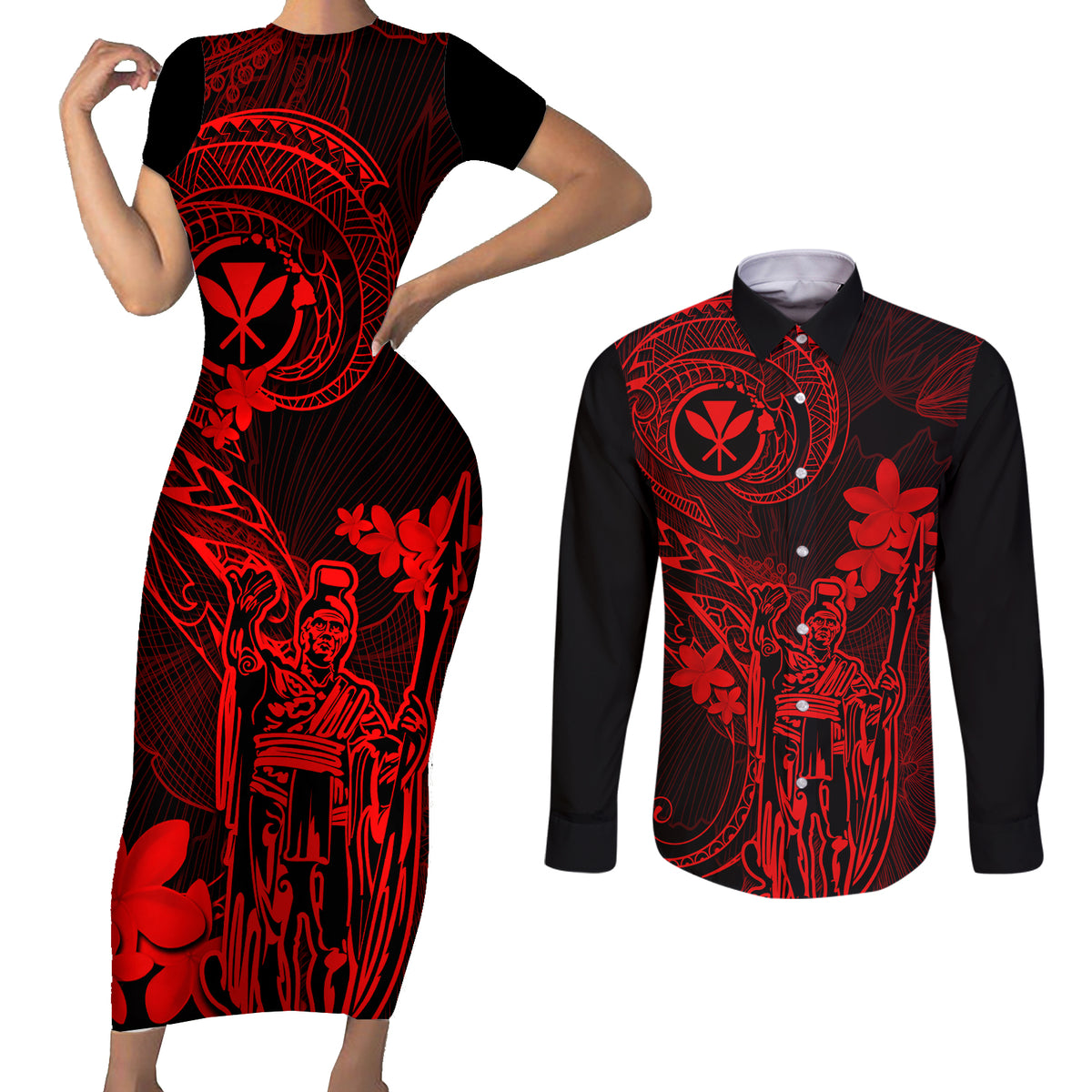 Hawaii Couples Matching Short Sleeve Bodycon Dress and Long Sleeve Button Shirts King Kamehameha Mix Polynesian Plumeria Red Version LT14 Red - Polynesian Pride