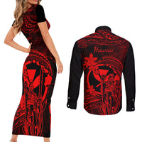 Hawaii Couples Matching Short Sleeve Bodycon Dress and Long Sleeve Button Shirts King Kamehameha Mix Polynesian Plumeria Red Version LT14 - Polynesian Pride
