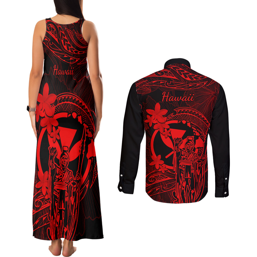 Hawaii Couples Matching Tank Maxi Dress and Long Sleeve Button Shirts King Kamehameha Mix Polynesian Plumeria Red Version LT14 - Polynesian Pride