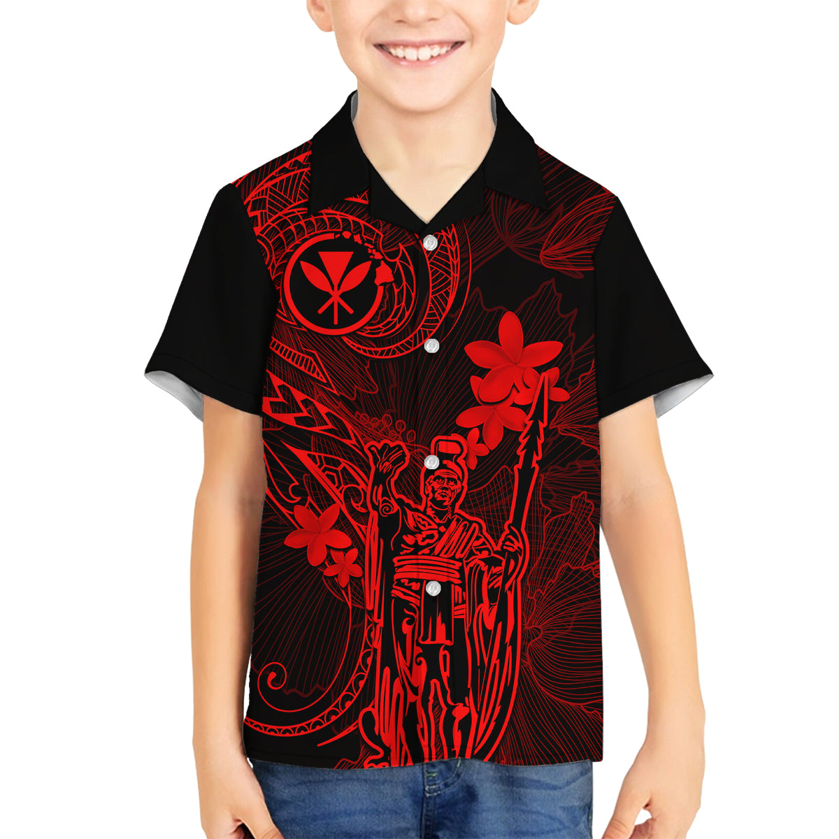 Hawaii Family Matching Tank Maxi Dress and Hawaiian Shirt King Kamehameha Mix Polynesian Plumeria Red Version LT14 Son's Shirt Red - Polynesian Pride