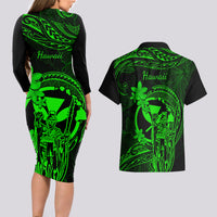 Hawaii Couples Matching Long Sleeve Bodycon Dress and Hawaiian Shirt King Kamehameha Mix Polynesian Plumeria Green Version LT14 - Polynesian Pride