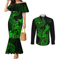 Hawaii Couples Matching Mermaid Dress and Long Sleeve Button Shirts King Kamehameha Mix Polynesian Plumeria Green Version LT14 Green - Polynesian Pride