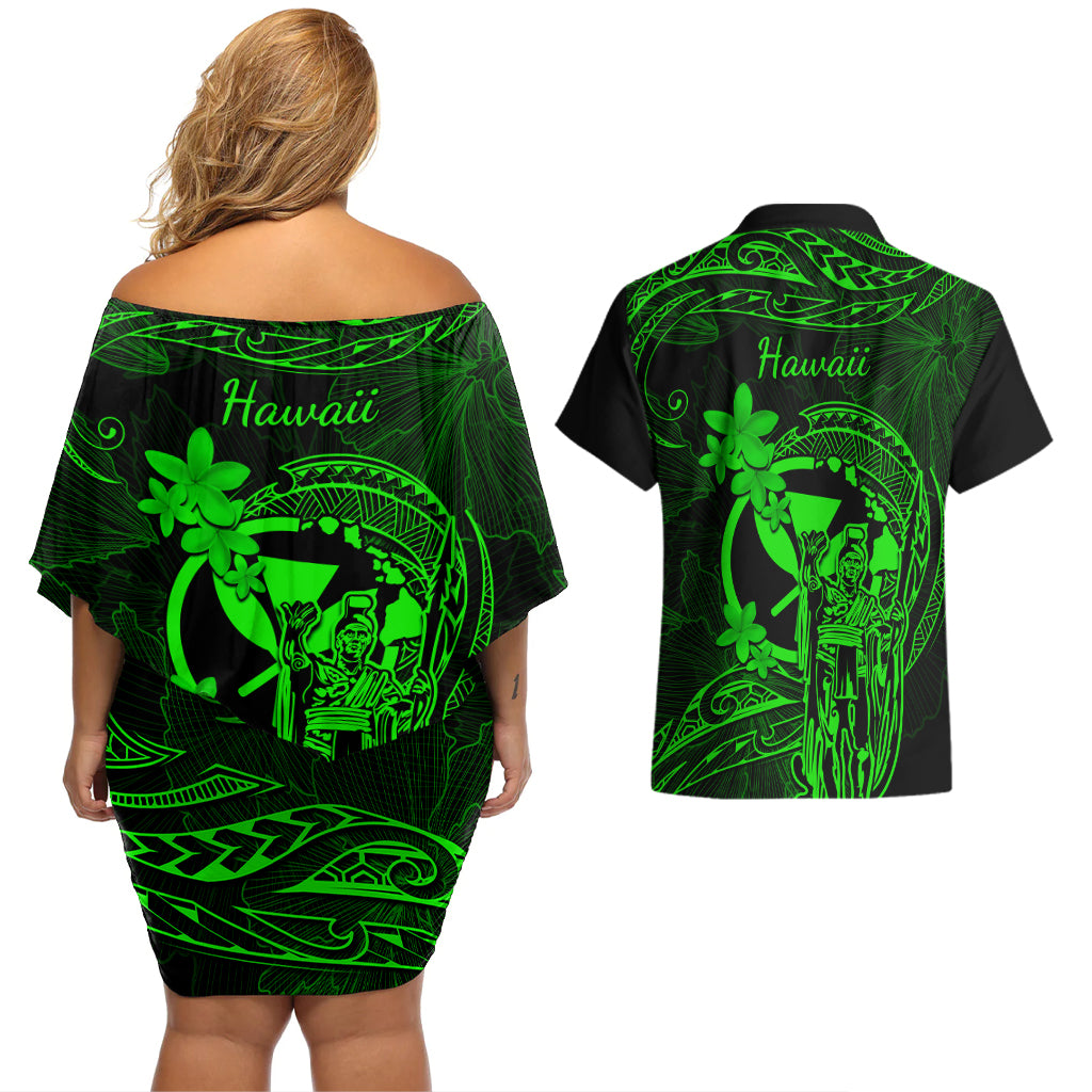 Hawaii Couples Matching Off Shoulder Short Dress and Hawaiian Shirt King Kamehameha Mix Polynesian Plumeria Green Version LT14 - Polynesian Pride