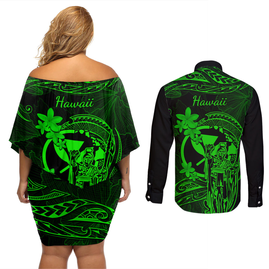 Hawaii Couples Matching Off Shoulder Short Dress and Long Sleeve Button Shirts King Kamehameha Mix Polynesian Plumeria Green Version LT14 - Polynesian Pride