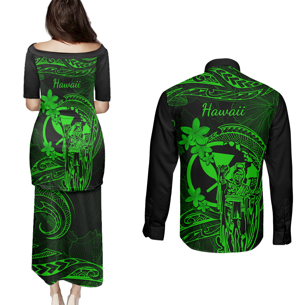 Hawaii Couples Matching Puletasi Dress and Long Sleeve Button Shirts King Kamehameha Mix Polynesian Plumeria Green Version LT14 - Polynesian Pride