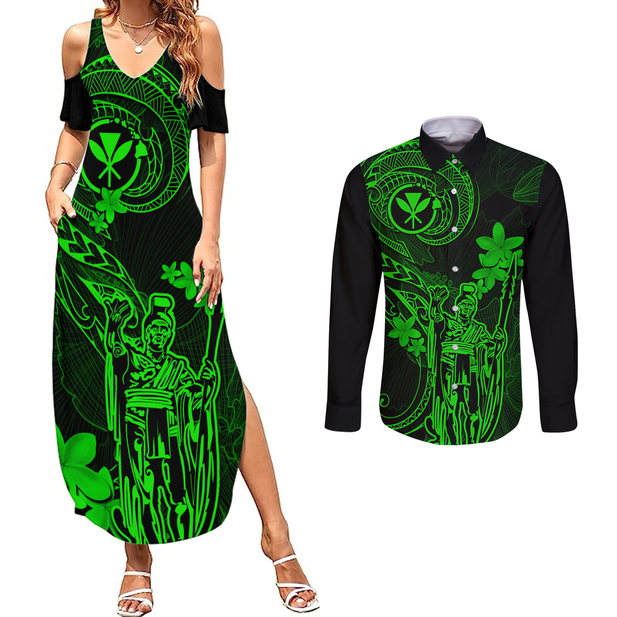 Hawaii Couples Matching Summer Maxi Dress and Long Sleeve Button Shirts King Kamehameha Mix Polynesian Plumeria Green Version LT14 Green - Polynesian Pride