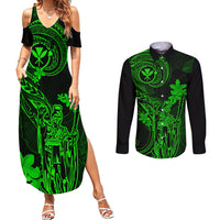 Hawaii Couples Matching Summer Maxi Dress and Long Sleeve Button Shirts King Kamehameha Mix Polynesian Plumeria Green Version LT14 Green - Polynesian Pride