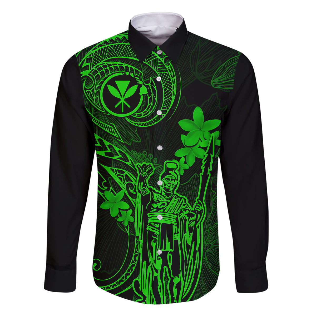 Hawaii Family Matching Long Sleeve Bodycon Dress and Hawaiian Shirt King Kamehameha Mix Polynesian Plumeria Green Version LT14 Dad's Shirt - Long Sleeve Green - Polynesian Pride
