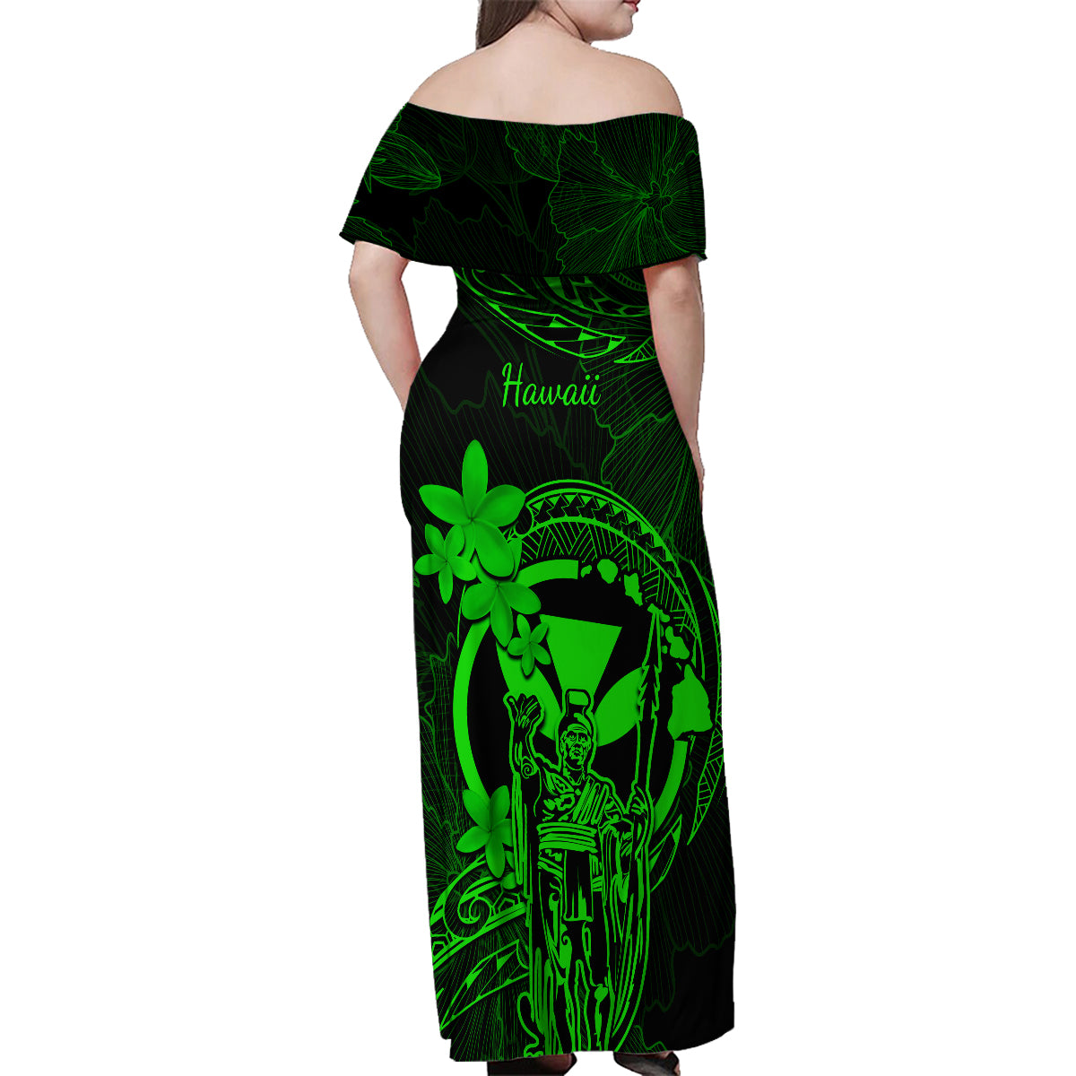 Hawaii Family Matching Off Shoulder Maxi Dress and Hawaiian Shirt King Kamehameha Mix Polynesian Plumeria Green Version LT14 - Polynesian Pride