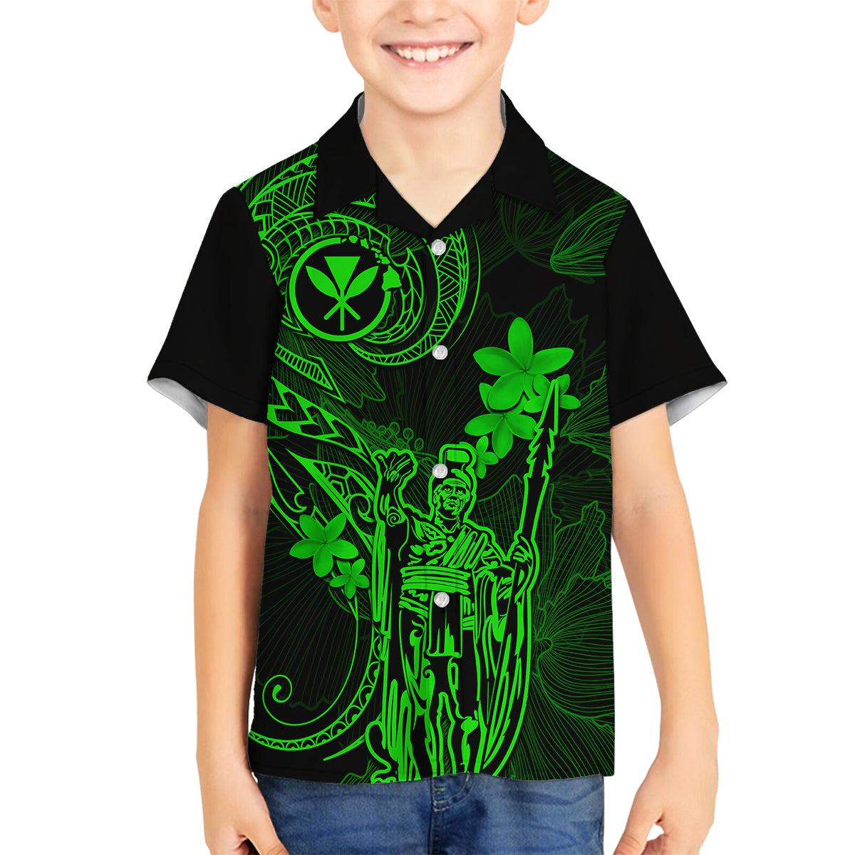 Hawaii Kid Hawaiian Shirt King Kamehameha Mix Polynesian Plumeria Green Version LT14 - Polynesian Pride