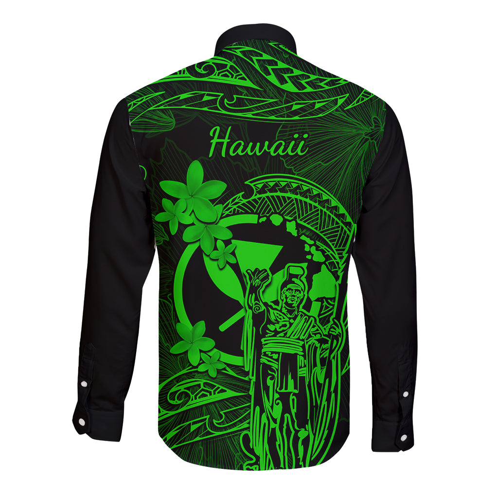 Hawaii Long Sleeve Button Shirt King Kamehameha Mix Polynesian Plumeria Green Version LT14 - Polynesian Pride