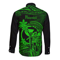 Hawaii Long Sleeve Button Shirt King Kamehameha Mix Polynesian Plumeria Green Version LT14 - Polynesian Pride