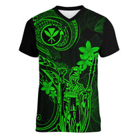 Hawaii Women V Neck T Shirt King Kamehameha Mix Polynesian Plumeria Green Version LT14 Female Green - Polynesian Pride