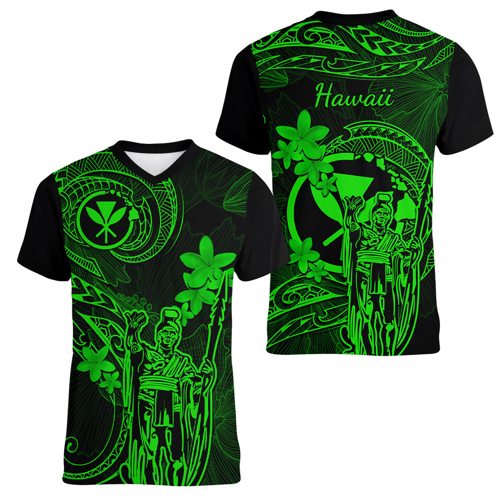 Hawaii Women V Neck T Shirt King Kamehameha Mix Polynesian Plumeria Green Version LT14 - Polynesian Pride