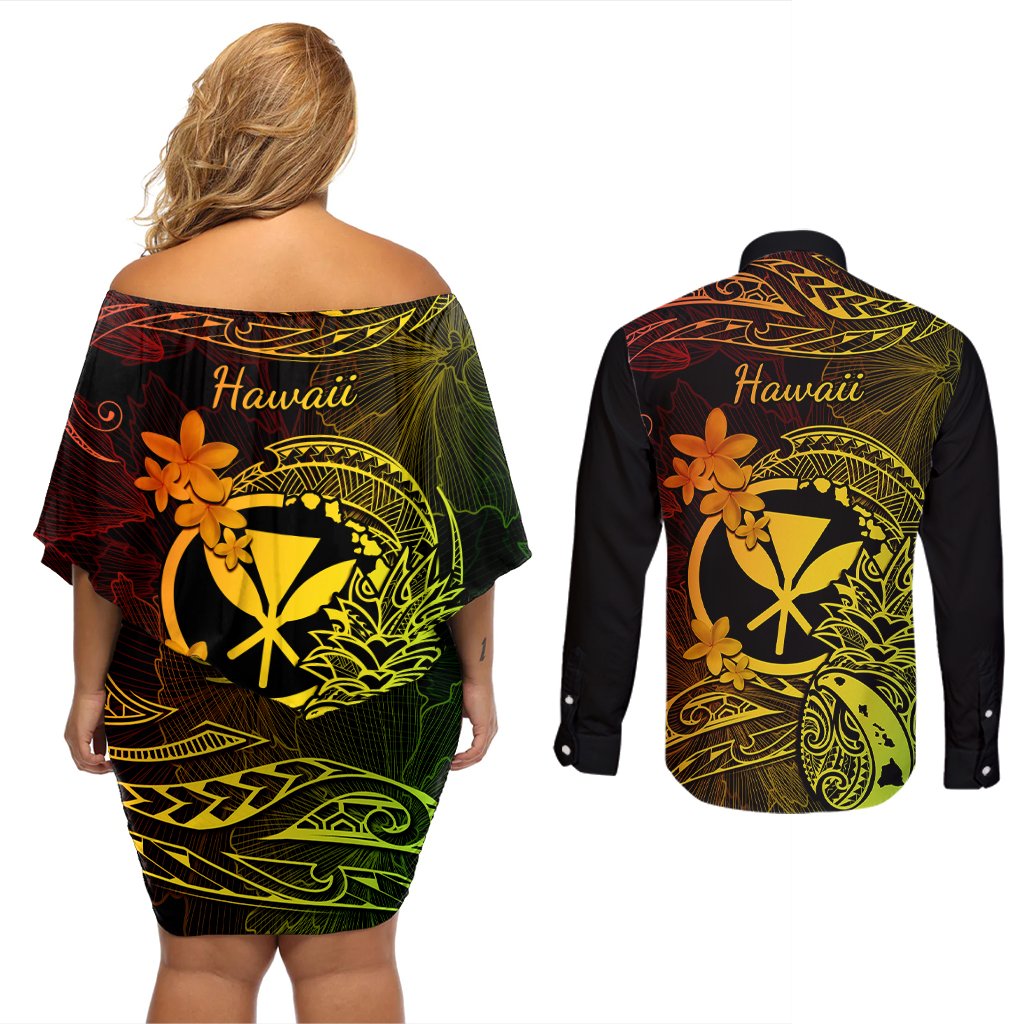 Hawaii Couples Matching Off Shoulder Short Dress and Long Sleeve Button Shirts Pineapple Mix Polynesian Plumeria Reggae Version LT14 - Polynesian Pride
