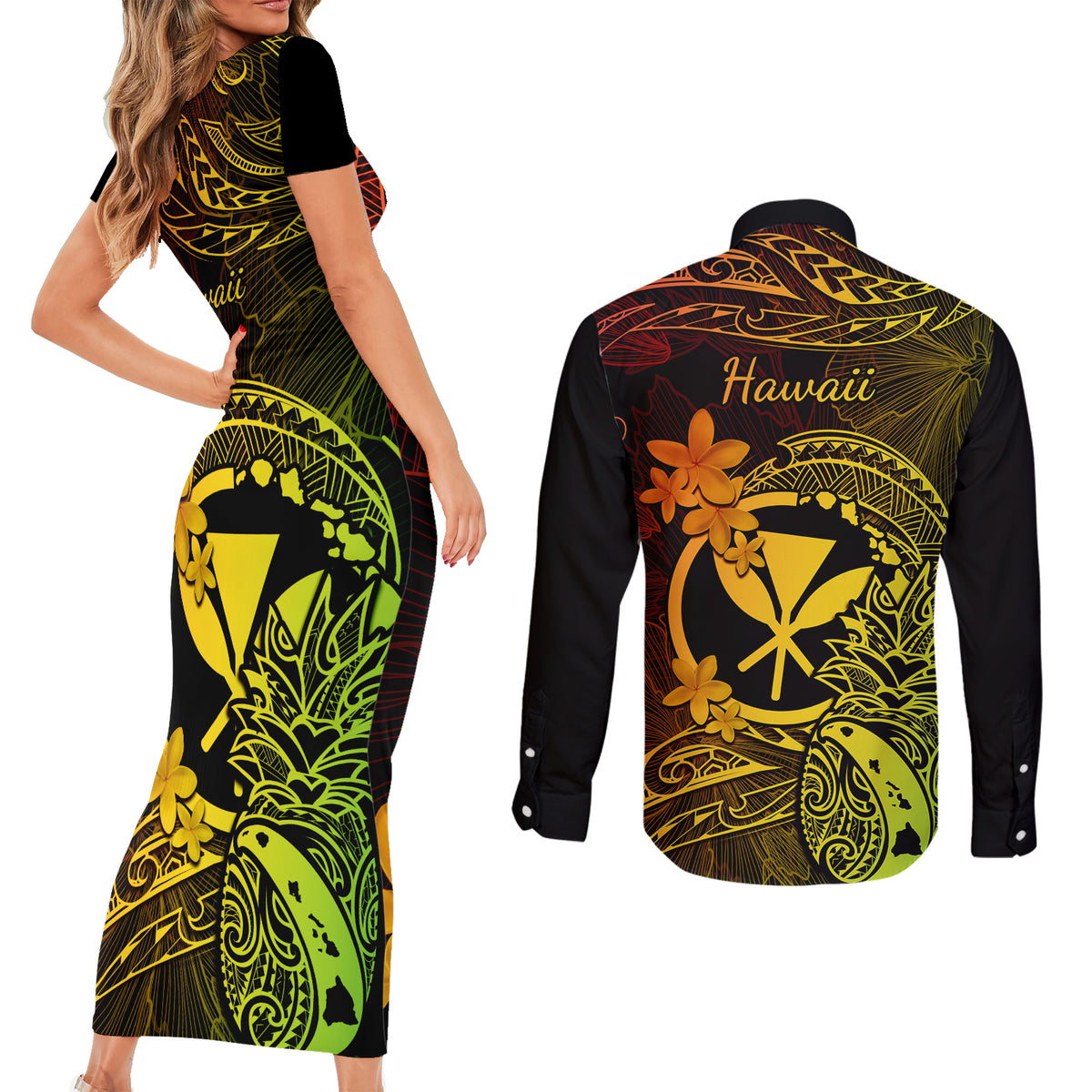 Hawaii Couples Matching Short Sleeve Bodycon Dress and Long Sleeve Button Shirts Pineapple Mix Polynesian Plumeria Reggae Version LT14 - Polynesian Pride