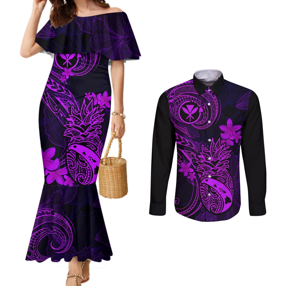 Hawaii Couples Matching Mermaid Dress and Long Sleeve Button Shirts Pineapple Mix Polynesian Plumeria Purple Version LT14 Purple - Polynesian Pride