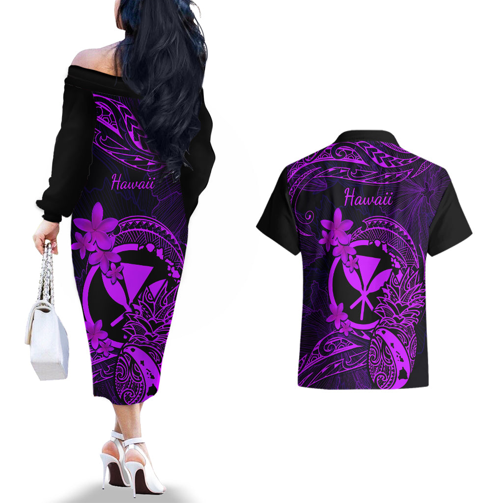 Hawaii Couples Matching Off The Shoulder Long Sleeve Dress and Hawaiian Shirt Pineapple Mix Polynesian Plumeria Purple Version LT14 - Polynesian Pride