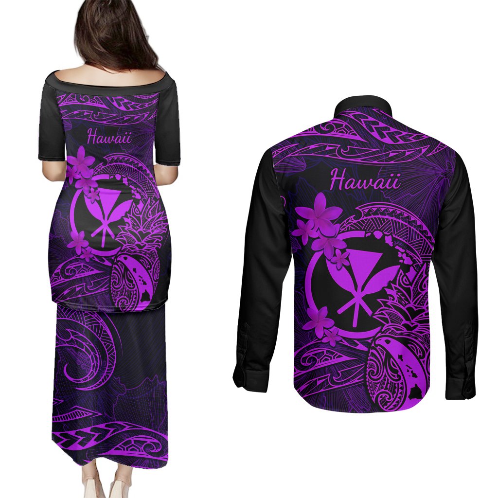 Hawaii Couples Matching Puletasi Dress and Long Sleeve Button Shirts Pineapple Mix Polynesian Plumeria Purple Version LT14 - Polynesian Pride