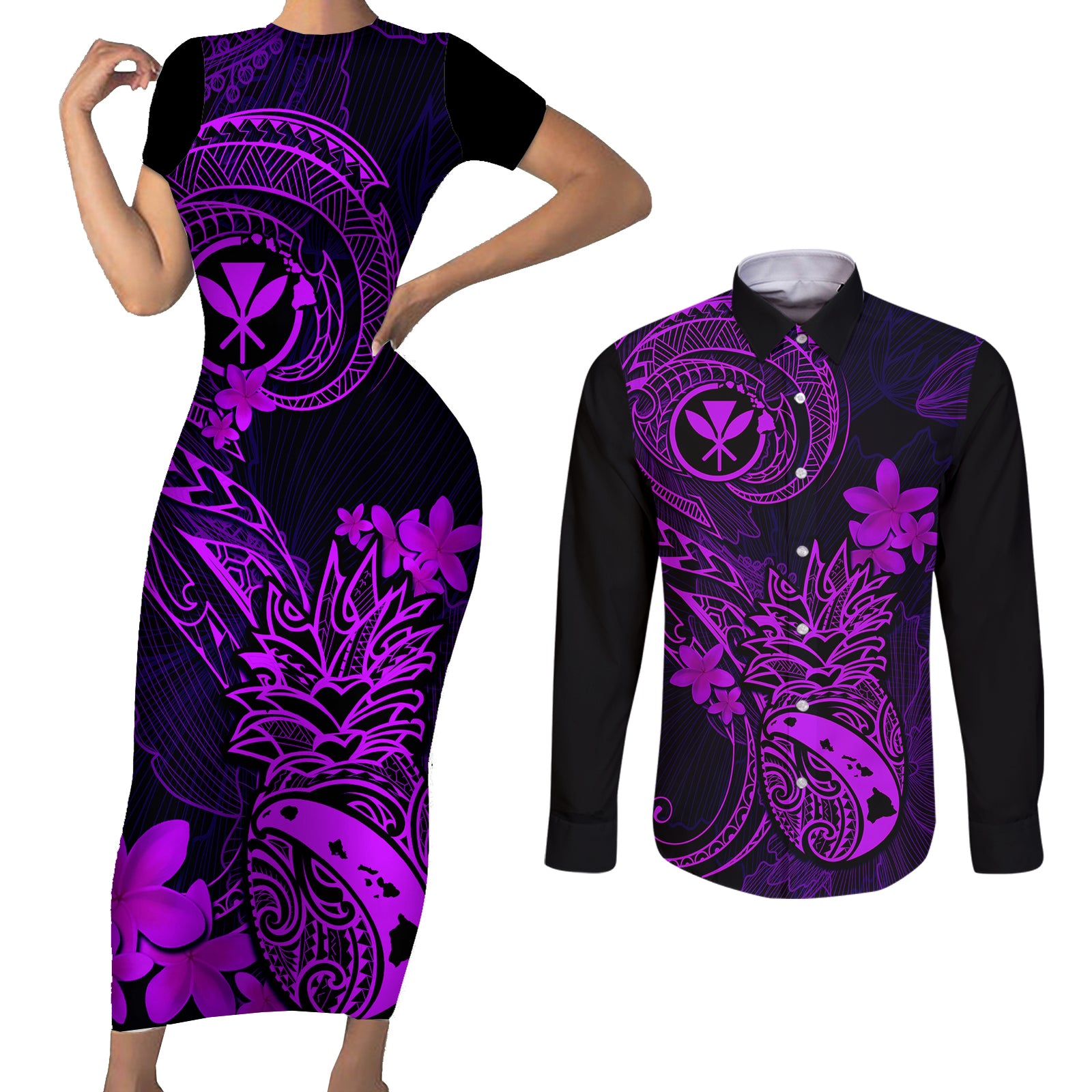 Hawaii Couples Matching Short Sleeve Bodycon Dress and Long Sleeve Button Shirts Pineapple Mix Polynesian Plumeria Purple Version LT14 Purple - Polynesian Pride