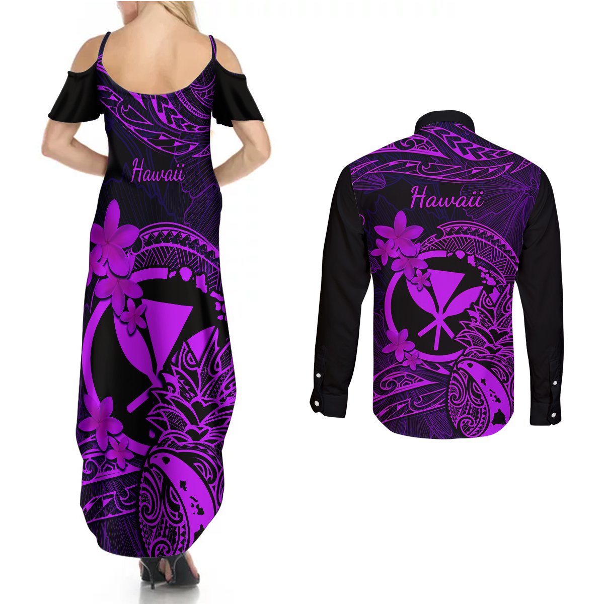 Hawaii Couples Matching Summer Maxi Dress and Long Sleeve Button Shirts Pineapple Mix Polynesian Plumeria Purple Version LT14 - Polynesian Pride