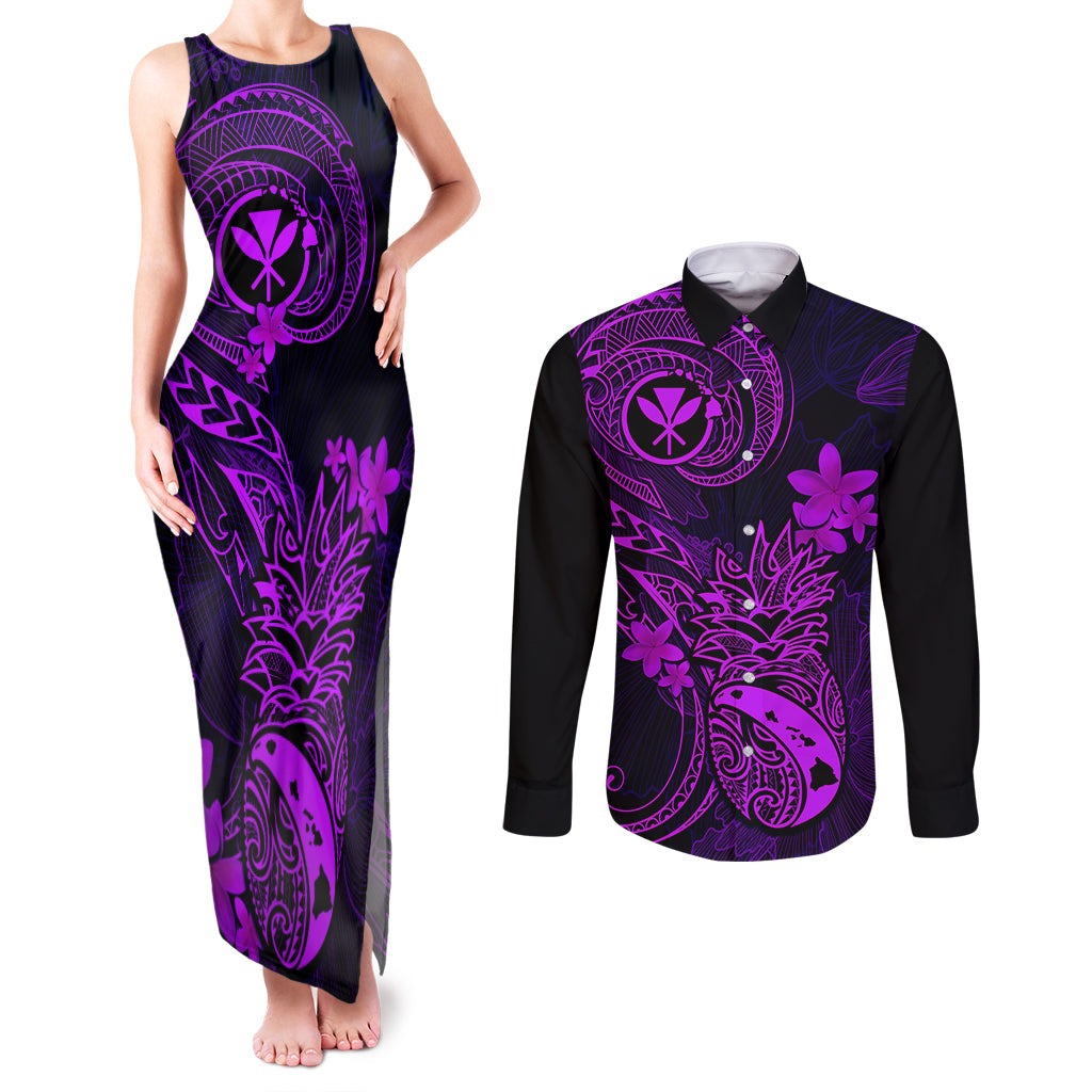 Hawaii Couples Matching Tank Maxi Dress and Long Sleeve Button Shirts Pineapple Mix Polynesian Plumeria Purple Version LT14 Purple - Polynesian Pride