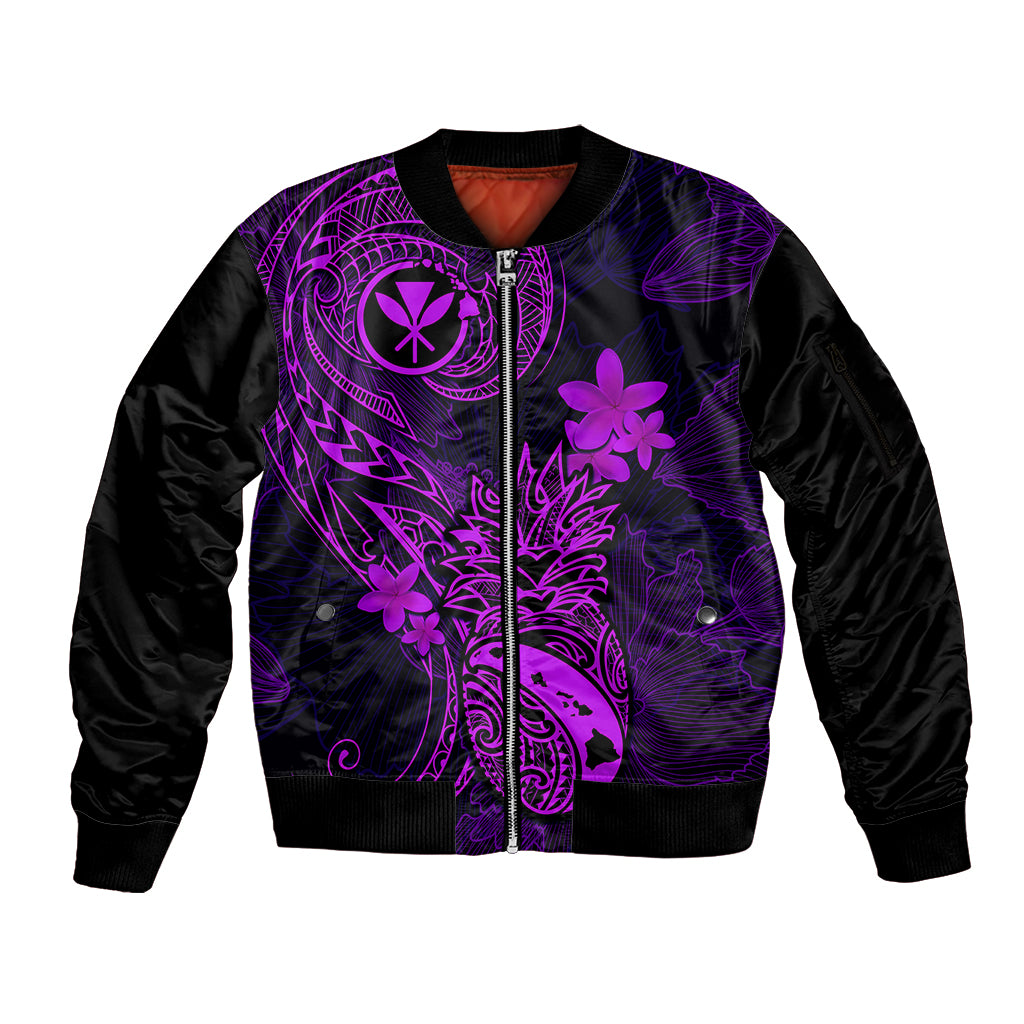 Hawaii Sleeve Zip Bomber Jacket Pineapple Mix Polynesian Plumeria Purple Version LT14 Unisex Purple - Polynesian Pride