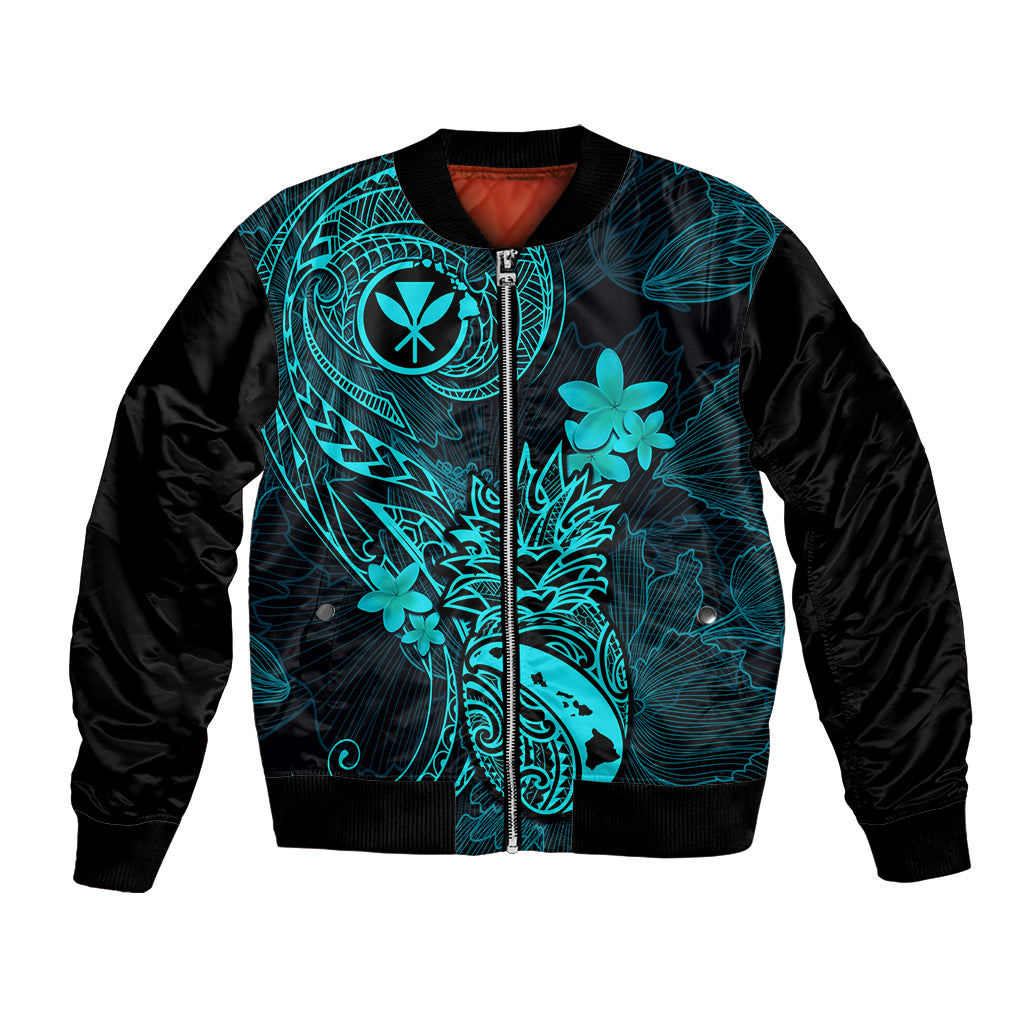 Hawaii Bomber Jacket Pineapple Mix Polynesian Plumeria Turquoise Version LT14 Unisex Turquoise - Polynesian Pride