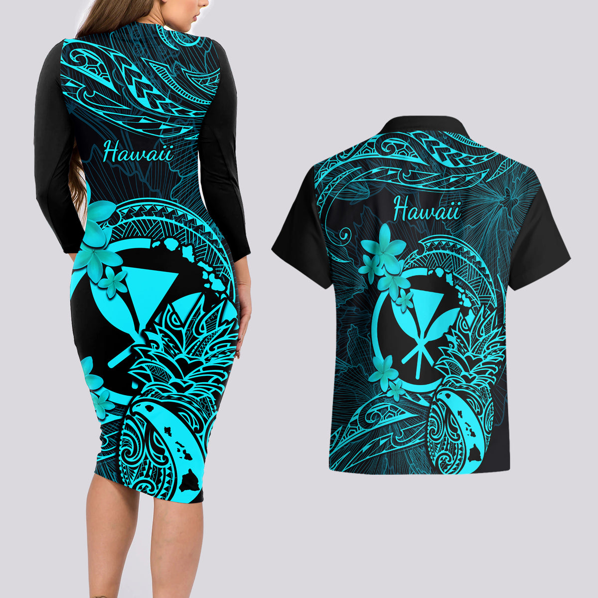 Hawaii Couples Matching Long Sleeve Bodycon Dress and Hawaiian Shirt Pineapple Mix Polynesian Plumeria Turquoise Version LT14 - Polynesian Pride