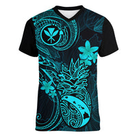Hawaii Women V Neck T Shirt Pineapple Mix Polynesian Plumeria Turquoise Version LT14 Female Turquoise - Polynesian Pride
