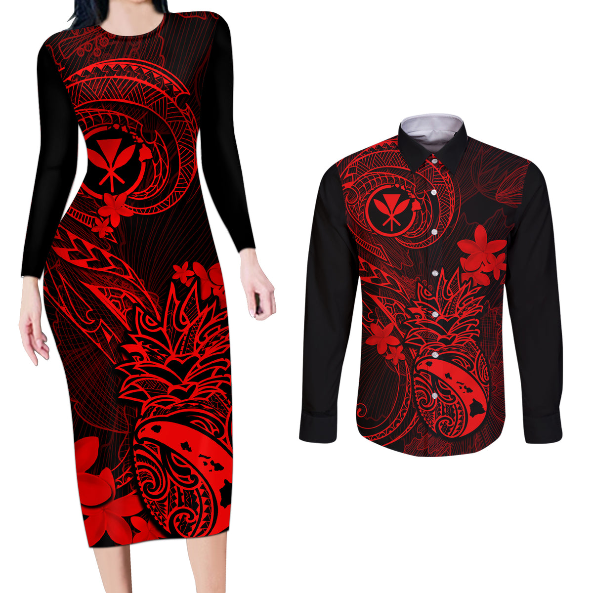 Hawaii Couples Matching Long Sleeve Bodycon Dress and Long Sleeve Button Shirts Pineapple Mix Polynesian Plumeria Red Version LT14 Red - Polynesian Pride