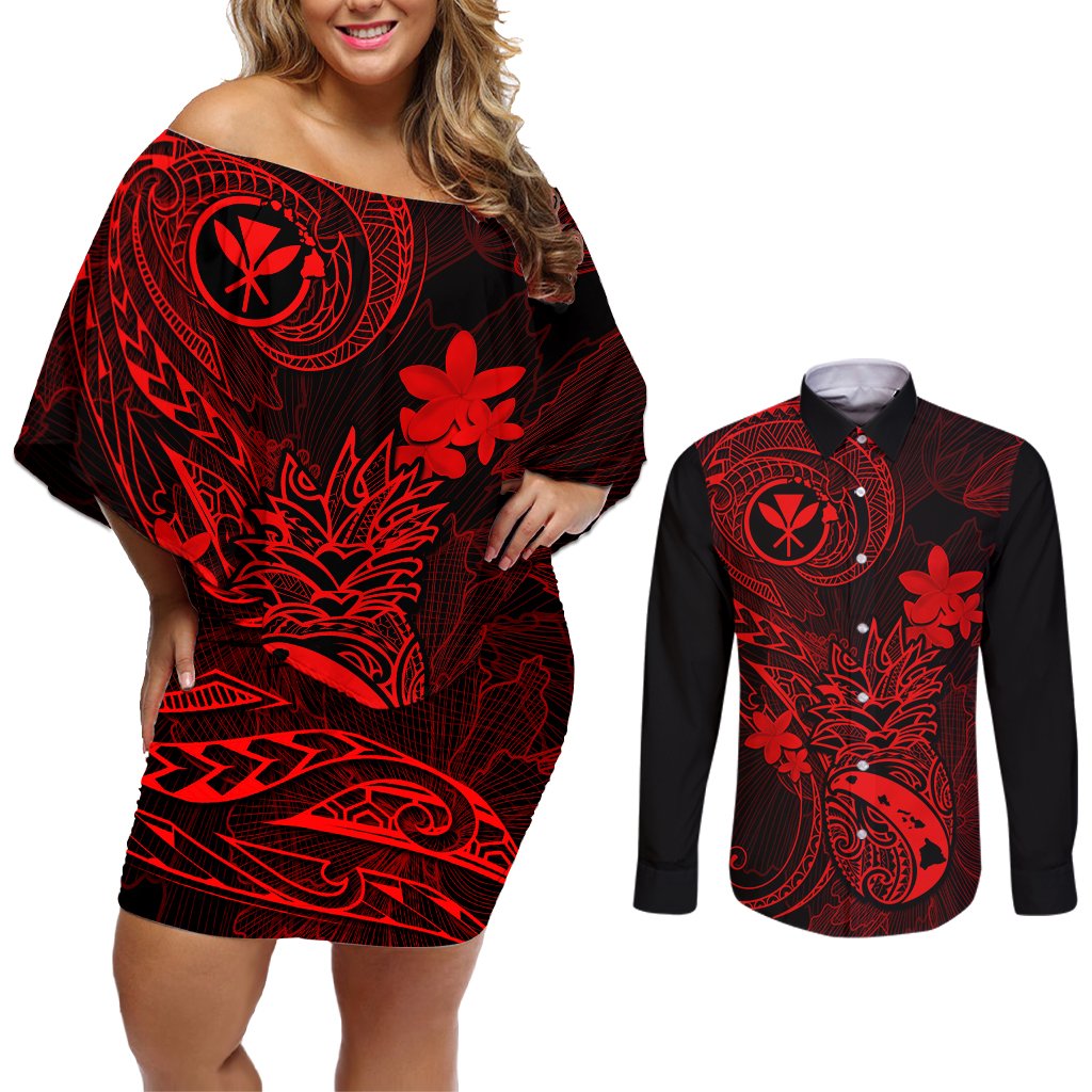 Hawaii Couples Matching Off Shoulder Short Dress and Long Sleeve Button Shirts Pineapple Mix Polynesian Plumeria Red Version LT14 Red - Polynesian Pride