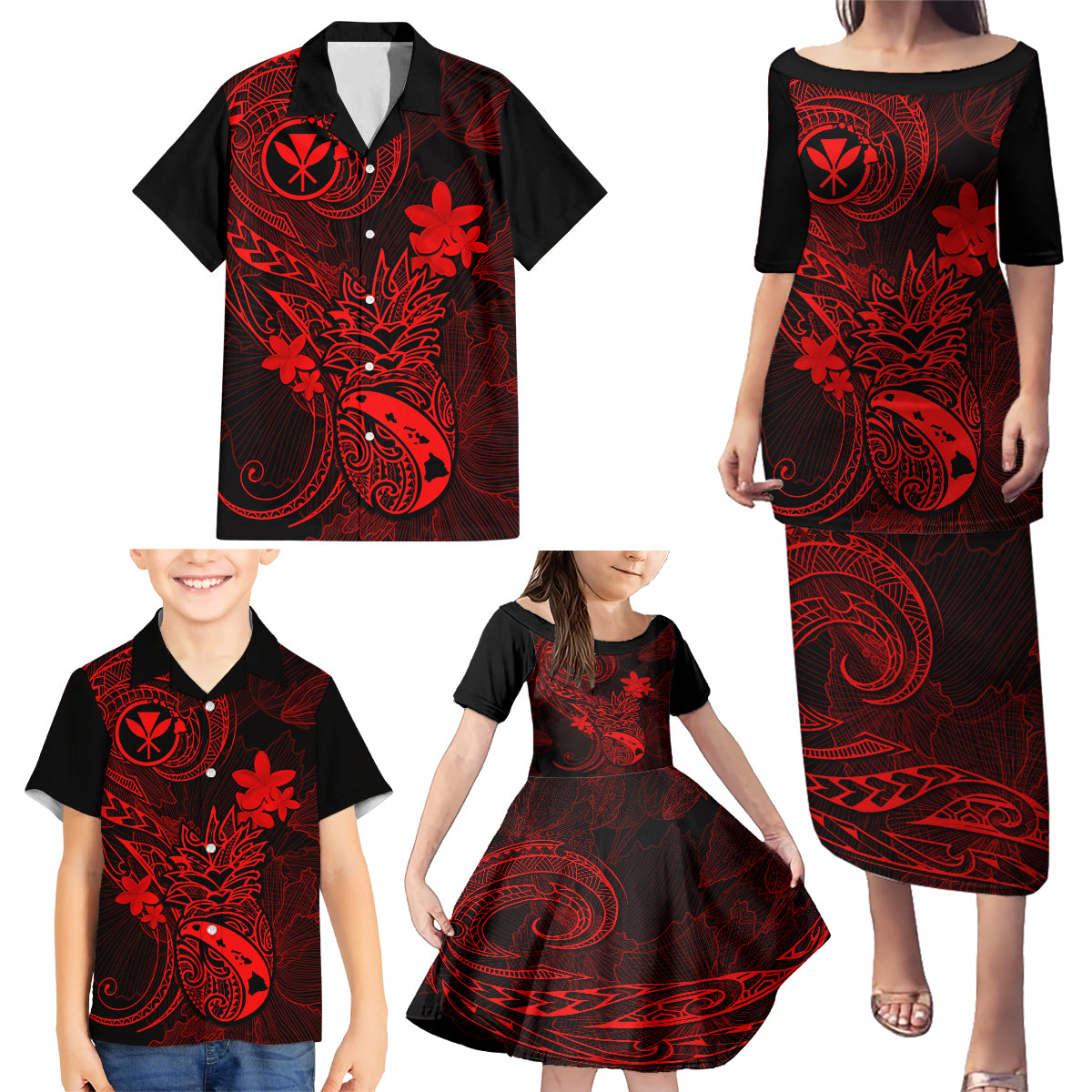Hawaii Family Matching Puletasi Dress and Hawaiian Shirt Pineapple Mix Polynesian Plumeria Red Version LT14 - Polynesian Pride