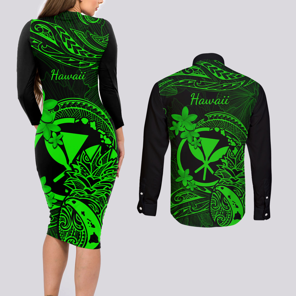 hawaii-couples-matching-long-sleeve-bodycon-dress-and-long-sleeve-button-shirts-pineapple-mix-polynesian-plumeria-green-version