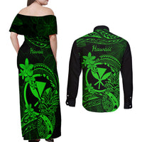 hawaii-couples-matching-off-shoulder-maxi-dress-and-long-sleeve-button-shirts-pineapple-mix-polynesian-plumeria-green-version