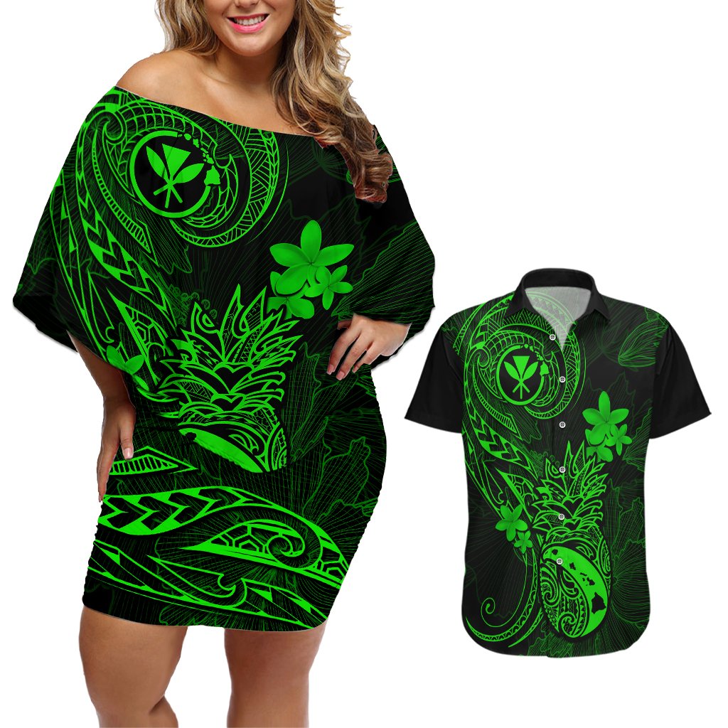hawaii-couples-matching-off-shoulder-short-dress-and-hawaiian-shirt-pineapple-mix-polynesian-plumeria-green-version