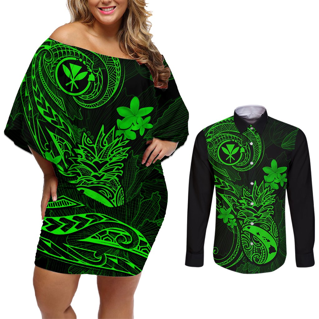 hawaii-couples-matching-off-shoulder-short-dress-and-long-sleeve-button-shirts-pineapple-mix-polynesian-plumeria-green-version
