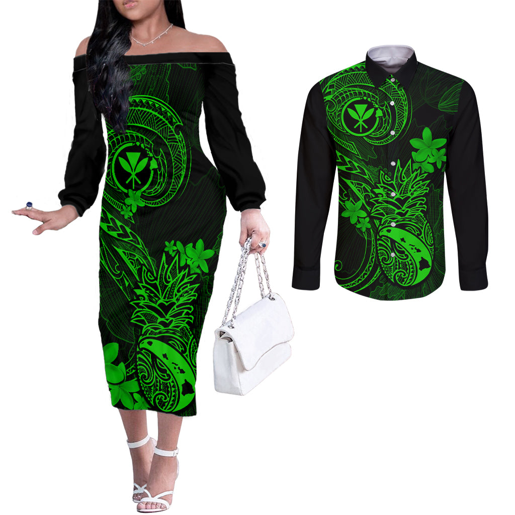 hawaii-couples-matching-off-the-shoulder-long-sleeve-dress-and-long-sleeve-button-shirts-pineapple-mix-polynesian-plumeria-green-version
