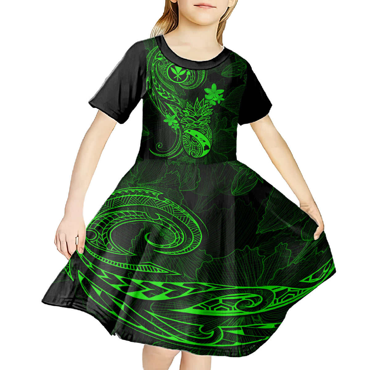 Hawaii Kid Short Sleeve Dress Pineapple Mix Polynesian Plumeria Green Version LT14 - Polynesian Pride