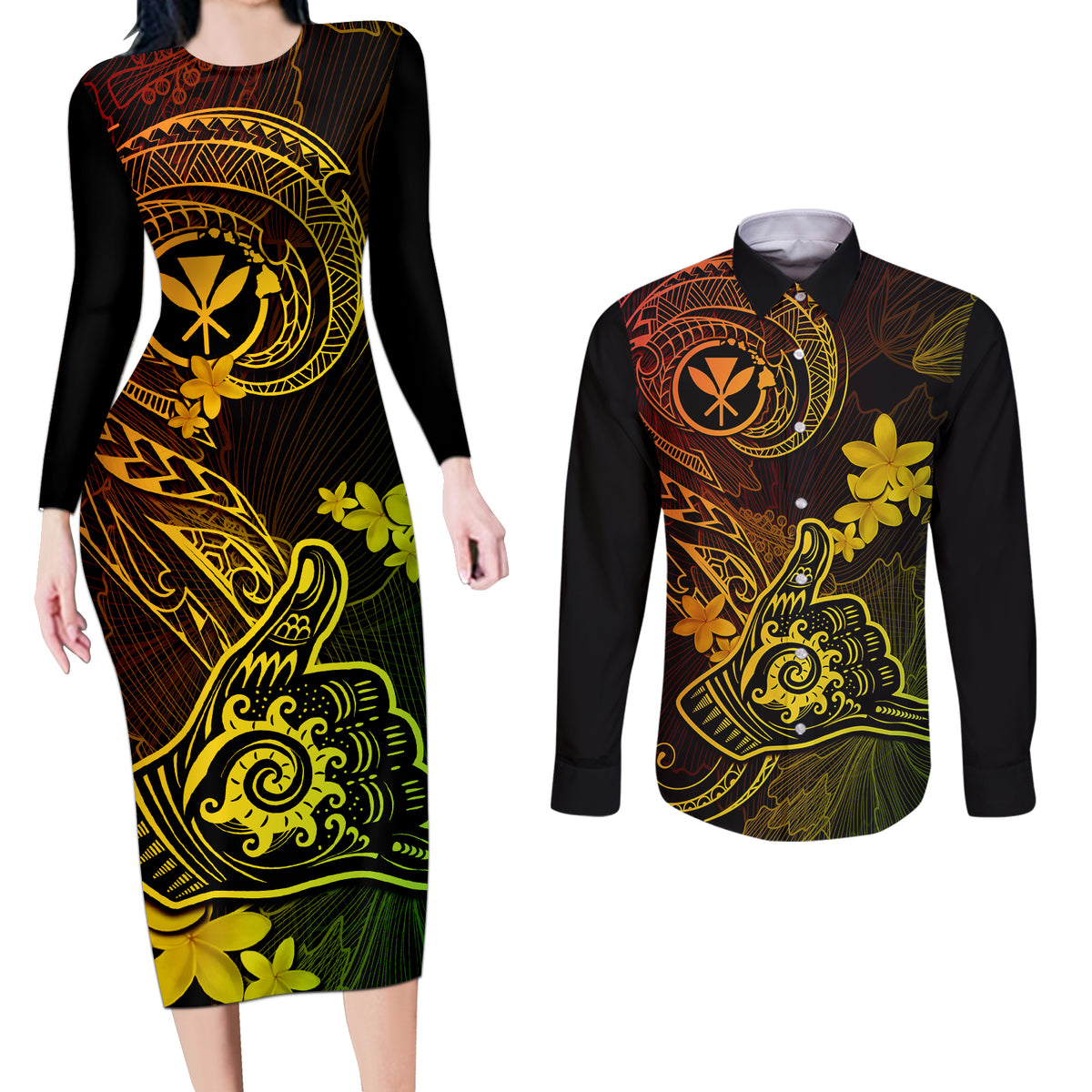 hawaii-couples-matching-long-sleeve-bodycon-dress-and-long-sleeve-button-shirts-shaka-tattoo-mix-polynesian-plumeria-reggae-version