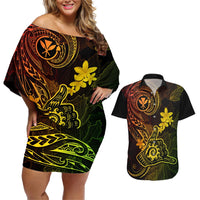 hawaii-couples-matching-off-shoulder-short-dress-and-hawaiian-shirt-shaka-tattoo-mix-polynesian-plumeria-reggae-version