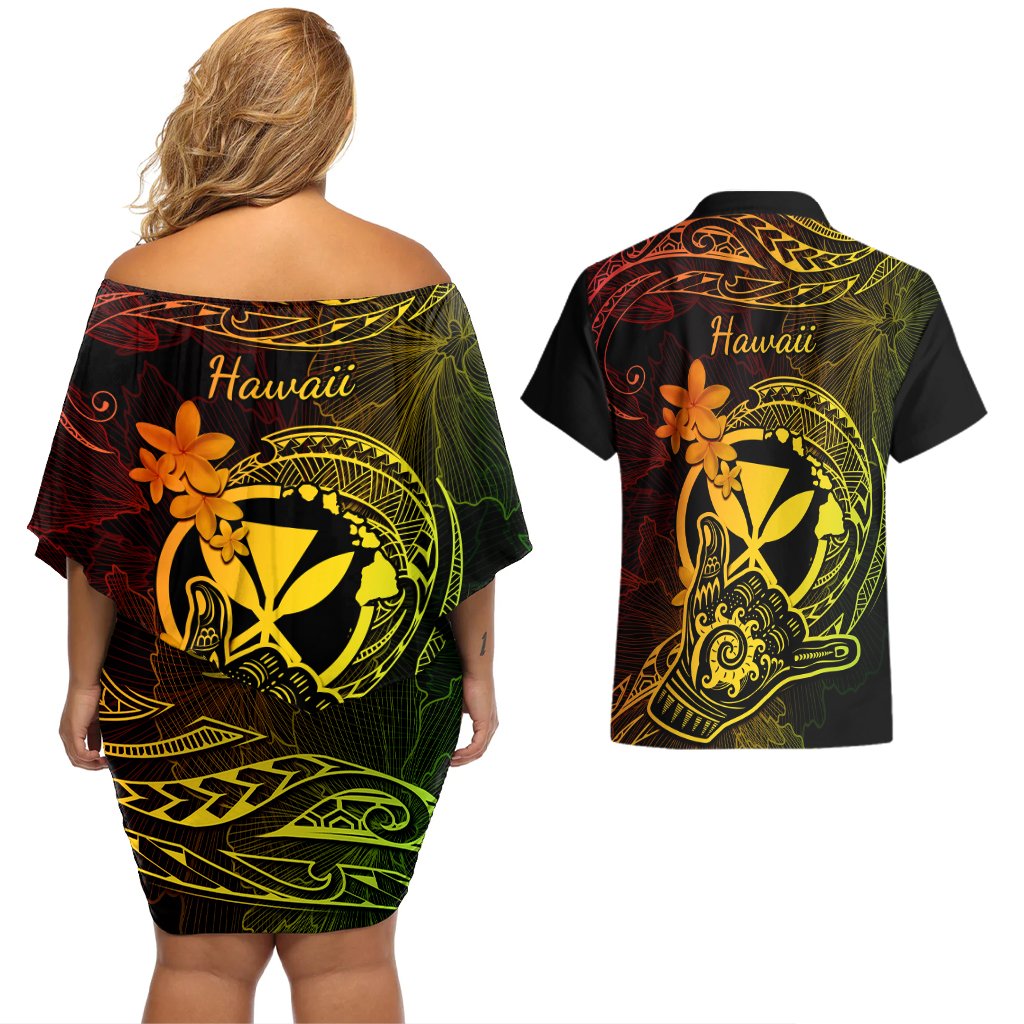 hawaii-couples-matching-off-shoulder-short-dress-and-hawaiian-shirt-shaka-tattoo-mix-polynesian-plumeria-reggae-version